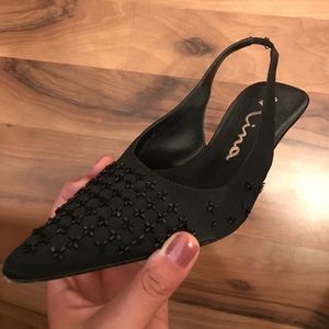 Black satin beaded evening pointy-toe slingback